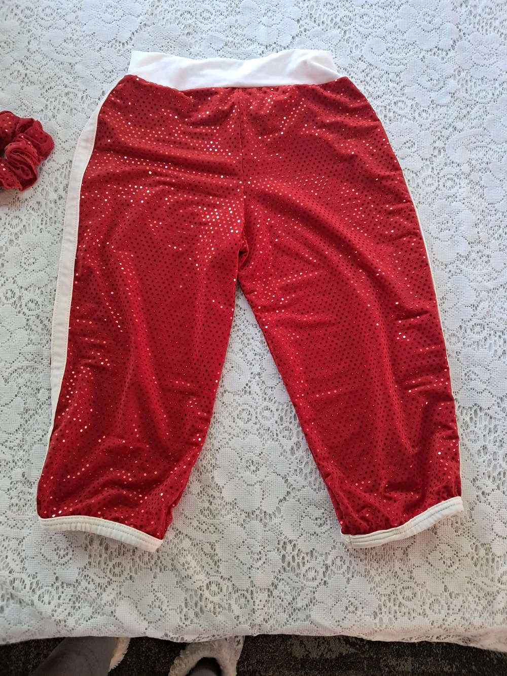 5 pc Dance Bundle Girls 6x Red Sequin Jacket, Pants, Bodysuit. Tights & Pony
